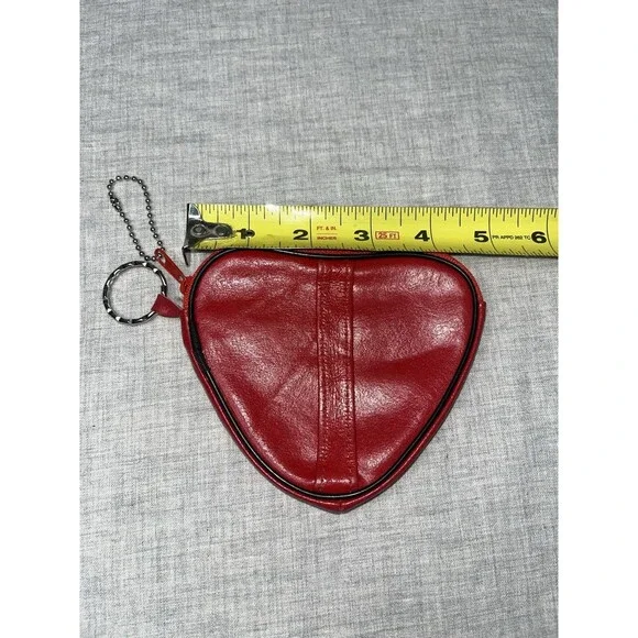 Small Red Leather Heart-Shaped Card Case with Zipper Closure Keychain Coin Purse - Picture 3 of 5